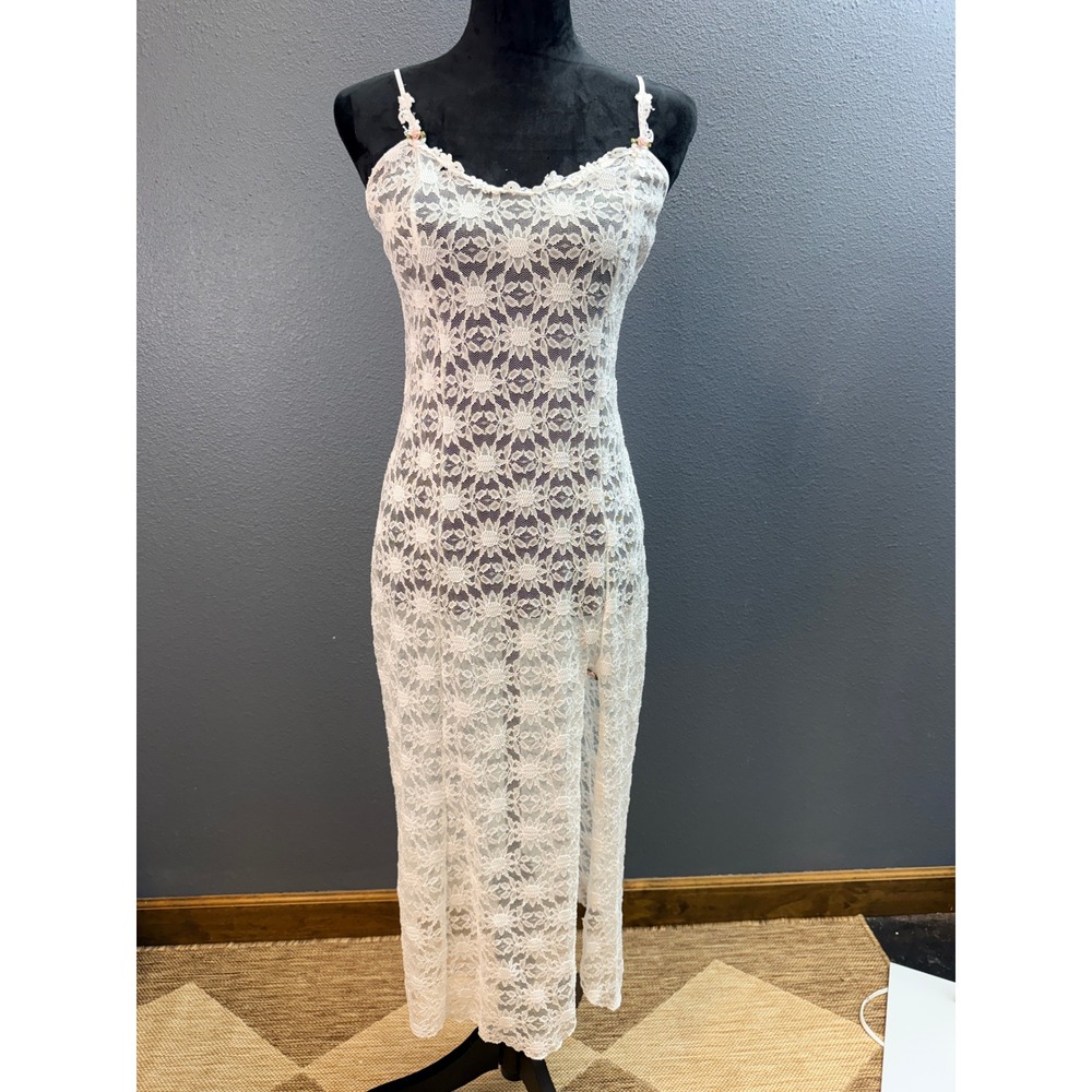 California Dynasty Nightgown Womens S White Lace Vintage Boho Maxi Slit Y2K
